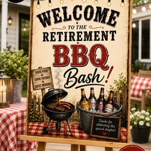Welkomstbord voor een barbecuefeestje ter ere van een gepensioneerde, bewerkbare Canva-sjabloon, digitale download