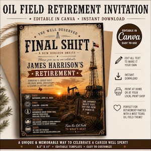 Ölfeld Ruhestand Einladung Vorlage | Final Shift Party einladen | Räuber-Feier | Bearbeitbare Canva Vorlage