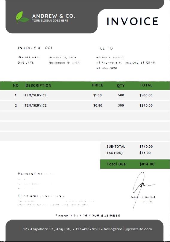 Editable Invoice Template for Small Business, Printable Custom Order ...