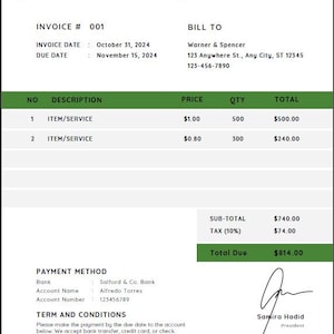 May include: A business invoice with the company name "ANDREW & CO." and the word "INVOICE" at the top. The invoice includes details like invoice date, due date, bill to, item descriptions, prices, quantities, and a total due amount.