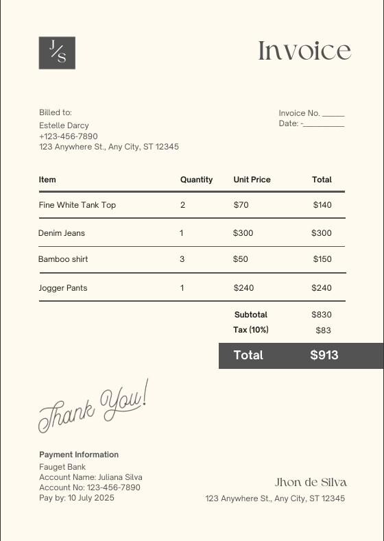 Editable Invoice Template for Small Business, Printable Custom Order ...