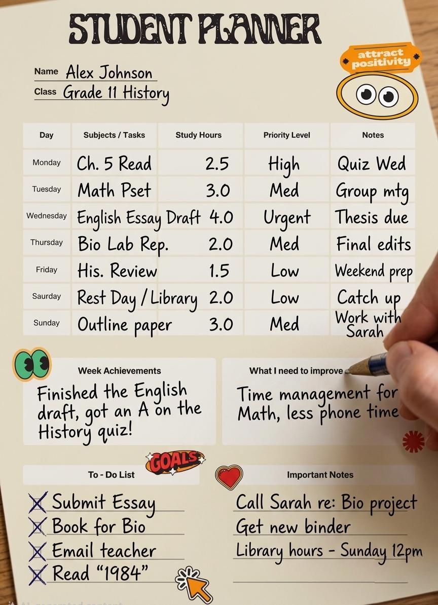Editable Student Planner Canva Template – Study Schedule & Assignment ...