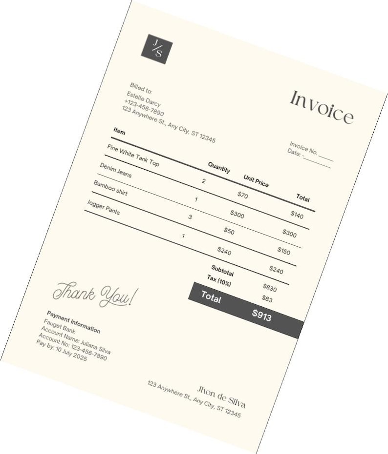 Invoice In Cursive Editable Invoice Template for Small Business, Printable Custom Order ...