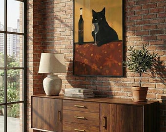 Schwarze Katze Wein Kunstdruck | Raffinierte Katzen Illustration