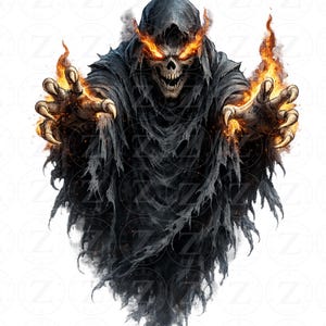 Flaming Grim Reaper PNG, Fire Skull Art, DTF DTG Sublimation Design (Digital Download)