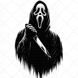 Ghostface Knife PNG, Horror Mask PNG, Scary Killer Clipart, Halloween-tröjadesign, digital nedladdning