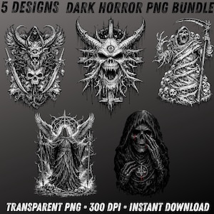 Mörk gotisk png-paket, 5 Reaper-dödskalledesigner, 300 DPI transparent, DTF/DTG