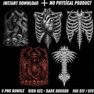 Pacchetto PNG Dark Horror, 5 disegni di teschi mietitori, 300 DPI trasparenti, file di stampa DTF/DTG