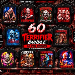 Op de afbeelding: Een digitaal pakket met 60 T-shirtontwerpen in Terrifier-thema met Art the Clown in diverse horrorscènes. De collectie bevat grafische prints met tekst zoals Terrifier, Season's Greetings en The Gift That Keeps On Giving.