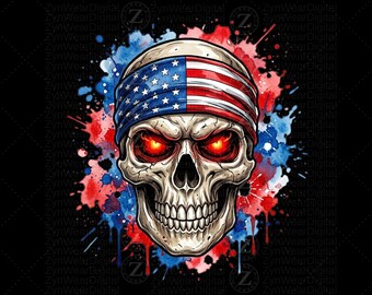 May include: A human skull illustration wearing a bandana featuring the American flag pattern. The skull has glowing red eyes and is set against a background of red and blue watercolor paint splatters on a black field with ZynWearDigital text.