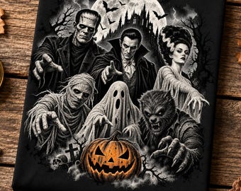May include: A black rectangular print featuring a detailed monochromatic illustration of classic horror characters including Frankenstein's monster, a vampire, a mummy, a ghost, and a werewolf, centered around a bright orange jack-o'-lantern.