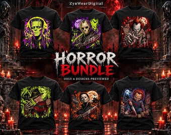 Puede incluir: Una colección de seis camisetas negras con estampados gráficos de temática de terror de personajes icónicos, incluidos Frankenstein, Jason, Pennywise, Freddy, Michael Myers y Chucky, con el texto HORROR BUNDLE en el centro.