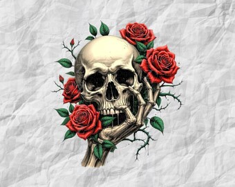 May include: Illustration of a skull with a hand reaching up, surrounded by red roses and green leaves. The skull has a neutral color, and the roses are a vibrant red. The background is a textured, off-white paper.