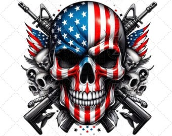 May include: A digital illustration of a skull with the American flag design. The skull is red, white, and blue, with two rifles crossed behind it. Additional skulls and patriotic wings complete the design.