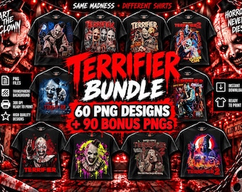 Puede incluir: Una colección digital de 60 diseños de camisetas con temática de Terrifier y 90 archivos PNG adicionales que muestran a Art the Clown en varias escenas de terror con gráficos en rojo, negro y blanco, incluyendo el texto Terrifier Bundle.