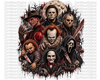 May include: A digital illustration featuring a group of horror movie characters including Freddy Krueger, Michael Myers, Jason Voorhees, Pennywise, Chucky, Ghostface, and Billy the Puppet, set against a dark, gothic background with a full moon.