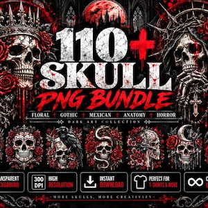 Puede incluir: Una colecci&oacute;n gr&aacute;fica digital titulada 110+ SKULL PNG BUNDLE que presenta ilustraciones de arte oscuro de calaveras adornadas con rosas rojas, coronas y espinas. El dise&ntilde;o incluye elementos de texto, motivos g&oacute;ticos y varias composiciones de calaveras.