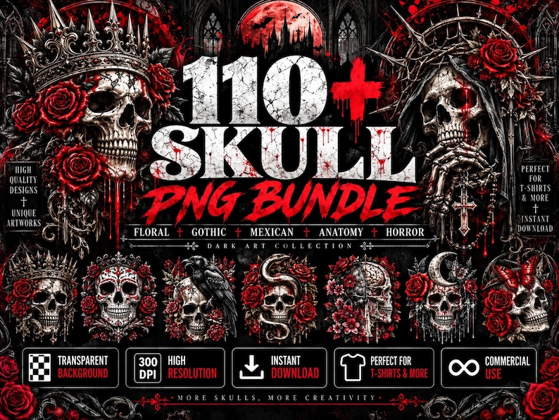 Puede incluir: Una colecci&oacute;n gr&aacute;fica digital titulada 110+ SKULL PNG BUNDLE que presenta ilustraciones de arte oscuro de calaveras adornadas con rosas rojas, coronas y espinas. El dise&ntilde;o incluye elementos de texto, motivos g&oacute;ticos y varias composiciones de calaveras.