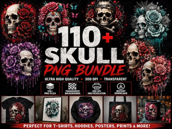 110+ Skull PNG Bundle, Gothic Floral Skull, Clipart, Roses, Sublimation, Flower Digital