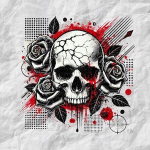 Pode incluir: Ilustração de uma caveira com crânio rachado, rodeada por três rosas e folhas em preto e branco. Salpicos de tinta vermelha e formas geométricas acentuam o design num fundo branco texturizado.