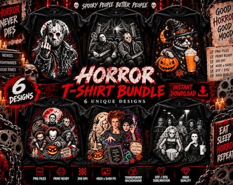 Puede incluir: Un paquete digital de seis diseños de camisetas negras con personajes de películas de terror, incluyendo una figura enmascarada, un gato con una calabaza y grupos de villanos icónicos. Los gráficos incorporan acentos rojos y naranjas y texto.