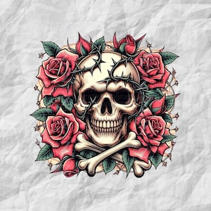 Puede incluir: Ilustración de una calavera con una corona de espinas y rodeada de rosas rojas. Dos huesos cruzados debajo. La obra de arte es de estilo tatuaje con una estética vintage.