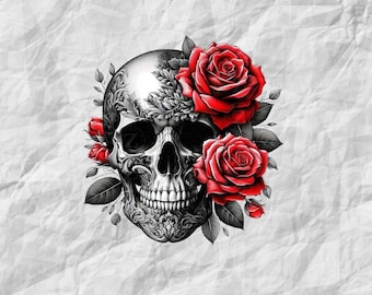 May include: A detailed black and white illustration of a human skull adorned with vibrant red roses. The skull features intricate floral designs and is set against a textured, off-white background, creating a striking contrast.