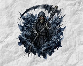 May include: A dark illustration of a hooded grim reaper figure with glowing red eyes, wearing black robes and holding a large scythe with runic engravings. The figure is surrounded by swirling dark blue smoke and ghostly skull imagery.