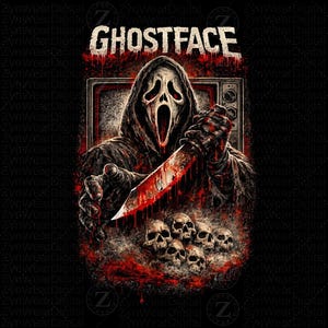 May include: A digital illustration featuring the Ghostface killer from the Scream franchise. The figure, in a black hooded robe and mask, holds a bloody knife. The word "GHOSTFACE" is above the figure in a distressed font, with skulls and blood details.