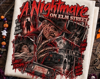 May include: A cream-colored t-shirt featuring a graphic print from A Nightmare on Elm Street. The design includes Freddy Krueger, a VHS tape, a house, and the text: If you fall asleep... he finds you. Sweet dreams. Never sleep again.