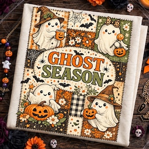 Ghost Season Halloween PNG, Vintage Patchwork Ghosts, Pumpkins (Digital Download)