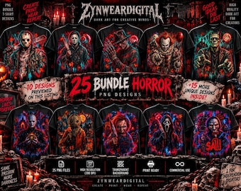 Puede incluir: Un paquete digital de 25 diseños de camisetas de terror con personajes icónicos como Jason, Michael Myers, Freddy, Pennywise, Frankenstein, Pinhead, Sam, Chucky, Ghostface y Jigsaw, todos representados en arte gráfico vibrante, oscuro y detallado.