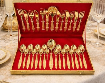 Gold Plated Brass Cutlery Set, 26-Piece Vintage Style Flatware, Luxury Dining Case