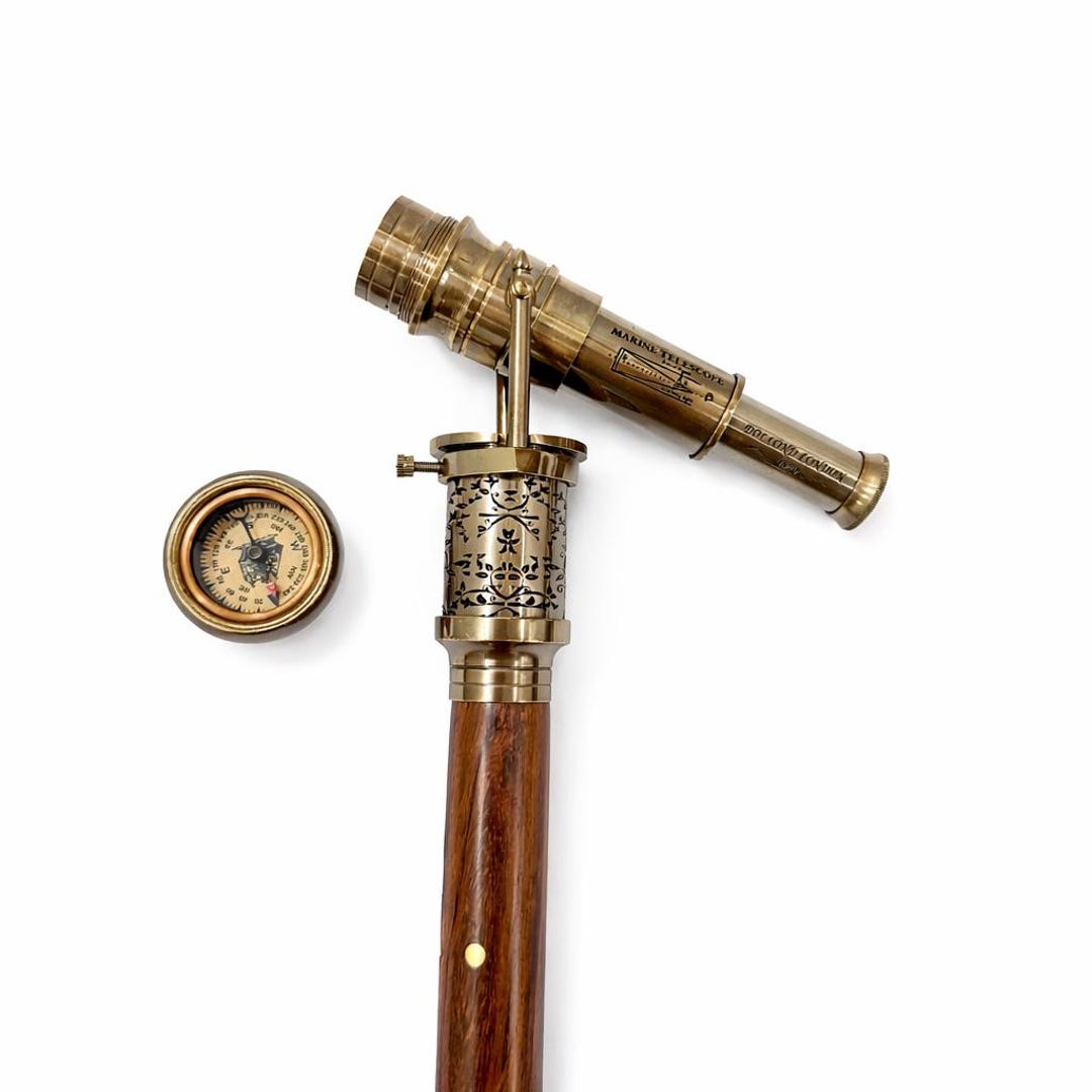 Antique Brass Rosewood Walking Cane With Telescope & Compass | Vintage ...