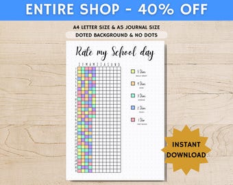 Rate My School Day - PRINTABLE Journal Page - Printable Planner Page - Daily Rating Tracker - Mood Tracker - Year In Pixels -Monthly Tracker