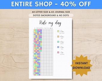 Rate My Day - PRINTABLE Journal Page - Printable Planner Page - Daily Rating Tracker - Mood Tracker - Year In Pixels - Monthly Tracker