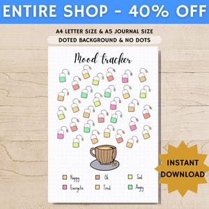 May include: A mood tracker printable with a dotted background. The design features tea bags in various colors and a teacup. The text includes "Mood tracker", and mood options: Happy, Energetic, Ok, Sad, Tired, and Angry. The text "INSTANT DOWNLOAD" is also present.