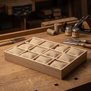 May include: A wooden watch display case with 12 compartments, each with a beige cushion. The case is made of light-coloured wood and sits on a wooden workbench. Various tools and materials are in the background.