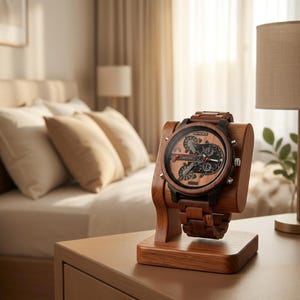 Peut inclure: Une montre-bracelet en bois avec un bracelet en grain de bois brun foncé et un cadran circulaire noir doté de plusieurs sous-cadrans et d'aiguilles argentées. La montre est fixée sur un support de présentation en bois assorti et poli.