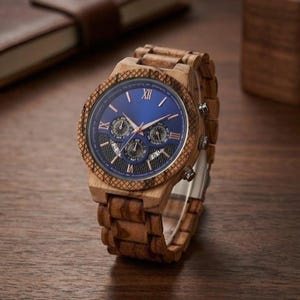 Peut inclure: Une montre-bracelet en bois avec un cadran bleu et trois sous-cadrans. La montre a une lunette et un bracelet en bois. Des chiffres romains indiquent les heures. La montre est présentée sur une surface en bois.