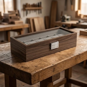 Op de afbeelding: Een rechthoekige horlogedoos van donker hout met een doorzichtig glazen deksel, een zilverkleurige metalen sluiting en een lichtgrijze fluwelen binnenkant met zes vakken voor het veilig opbergen en organiseren van polshorloges.