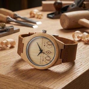 Puede incluir: Un reloj de pulsera de madera con una correa de cuero marrón claro. La esfera del reloj es de madera clara con un diseño geométrico. El reloj está sobre una superficie de madera con herramientas de carpintería en el fondo.