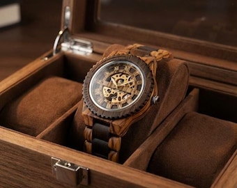 Reloj de madera esquelético para hombre, esfera con números romanos, movimiento de cuarzo, correa de madera ajustable, reloj de pulsera redondo rústico de lujo, regalo.