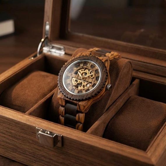 Wooden Men’s Skeleton Watch, Roman Numeral Dial, Quartz Movement, Adjustable Wood Band, Luxury Rustic Round Wristwatch Gift
