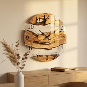 Reloj de pared con vetas de madera, reloj moderno de cristal de 30 cm, decoración de pared silenciosa de cristal templado, patrón abstracto de madera, reloj minimalista para sala de estar.