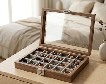 Walnut Wood Jewelry Box with Glass Lid, Ring Organizer Tray, Multi-Compartment Storage Case, Elegant Gift for Women