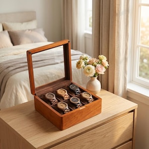 May include: A rectangular wooden watch display case with a hinged glass lid, containing six wristwatches with wooden bands and dark faces, arranged in two rows of three within a soft, dark-lined interior compartment.