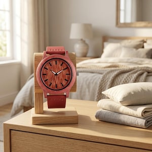 Peut inclure: Une montre-bracelet avec un boîtier en bois rose rougeâtre et un bracelet assorti, dotée d'un cadran en grain de bois texturé avec des index noirs et des aiguilles blanches. La montre est présentée sur un support en bois clair et circulaire.