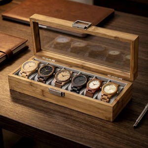 May include: A rectangular wooden watch display case with a hinged glass lid and a silver metal latch. The interior features six grey velvet-lined compartments, each holding a wooden wristwatch with varying dial colors and wooden link bands.