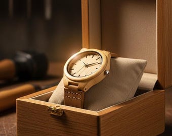 Bamboo Wood Watch for Men, Minimalist Natural Wooden Dial, Brown Leather Strap, Vintage Style Everyday Wristwatch Gift